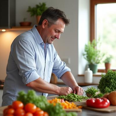 Zadowolony Marek (48 lat) przygotowujący zdrowy posiłek w kuchni